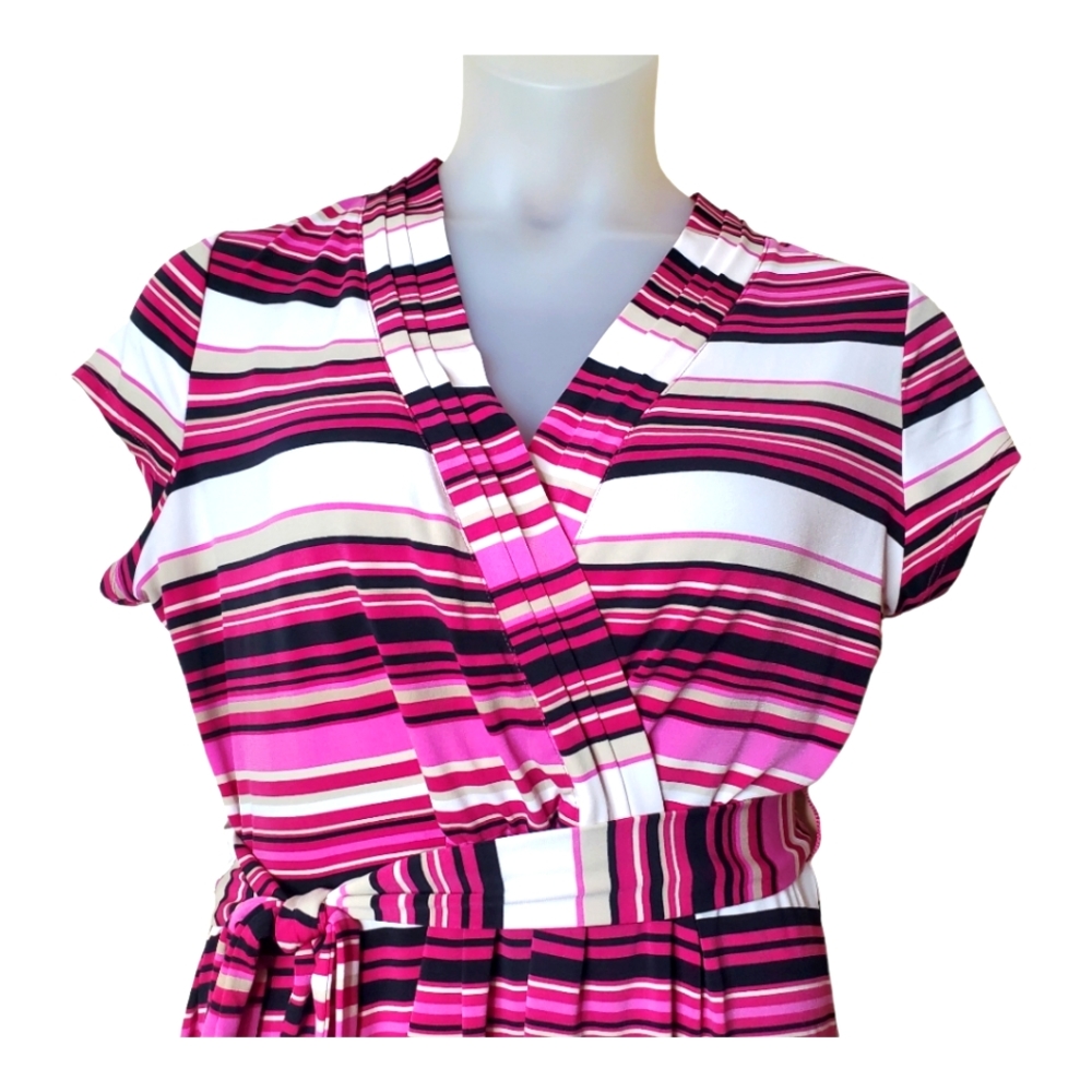 Liz Claiborne Striped Wrap Dress Large L Polyester Spandex Tie Waist Work - Picture 2 of 9